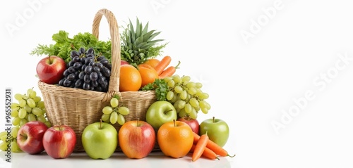 A large, brown wicker basket filled with fresh fruits, including apples, grapes, oranges, carrots, and a pineapple, is centrally placed on a white surface, creating a vibrant and appetizing scene