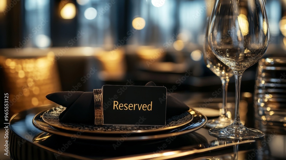 Fototapeta premium A reserved table setting featuring a black card on a plate, elegant glassware, and a sophisticated ambiance.