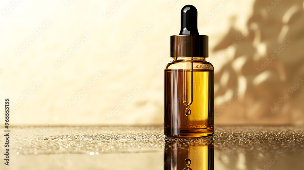 Naklejka premium premium cosmetic serum bottle with a glass dropper, displayed on a mirrored surface, with a gold gradient background