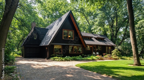 A black A-frame house with a stone driveway and a lush green lawn sits in a forest setting on a sunny day.