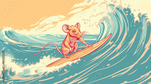 Adventurous Mouse Surfing Ocean Waves, Seamless Pattern with Rat Enjoying Extreme Water Sports, Doodle Texture Wallpaper Template for Printing