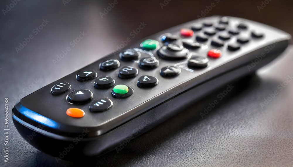closeup of a black TV remote controller with its various buttons highlighted. The image focuses on the clean design and contrasts between the sleek body and raised buttons closeup of a black TV remote controller with its various buttons highlighted. The image focuses on the clean design and contrasts between the sleek body and raised buttons