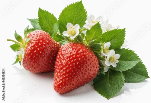 Wallpaper Mural Two ripe strawberries with spiky red skin and white centers are surrounded by green leaves and white flowers, set against a white background, creating a vibrant and fresh still life composition Torontodigital.ca