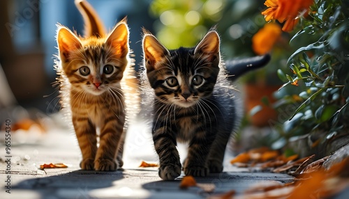 Playful kittens exploring a colorful flower garden along a charming sidewalk