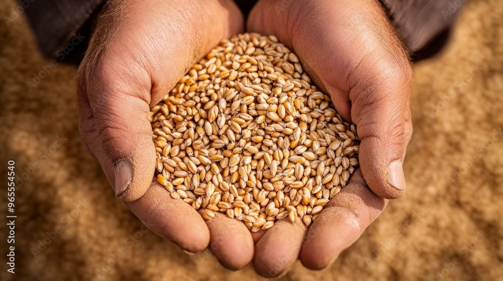 A close-up of hands holding grains of wheat, symbolizing agriculture and food production. A close-up of hands holding grains of wheat, symbolizing agriculture and food production.