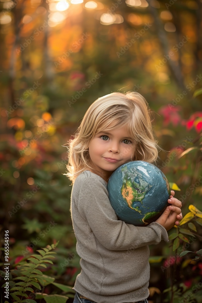Little Girl Hugging Globe, Childhood, Environmental Protection, Autumn Colors, Nature Little Girl Hugging Globe, Childhood, Environmental Protection, Autumn Colors, Nature