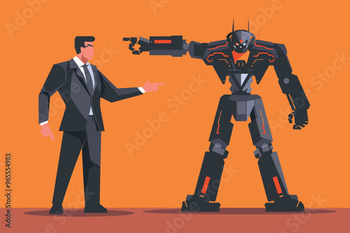 Businessman Arguing with Giant Robot Hand Pointing in Opposite Direction, Employee Conflict with AI over Development Disagreement