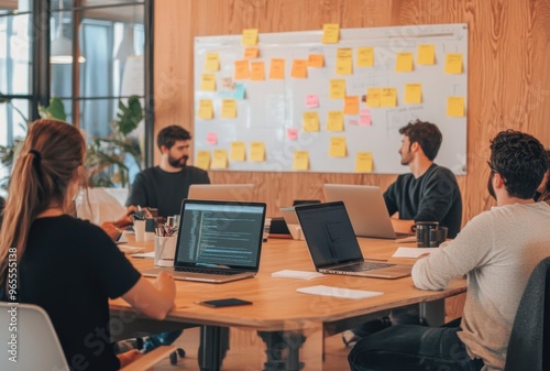 Corporate meeting in a conference room, with a team brainstorming ideas on a whiteboard.