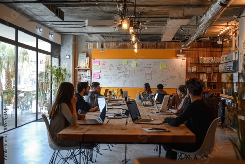 Corporate meeting in a conference room, with a team brainstorming ideas on a whiteboard.