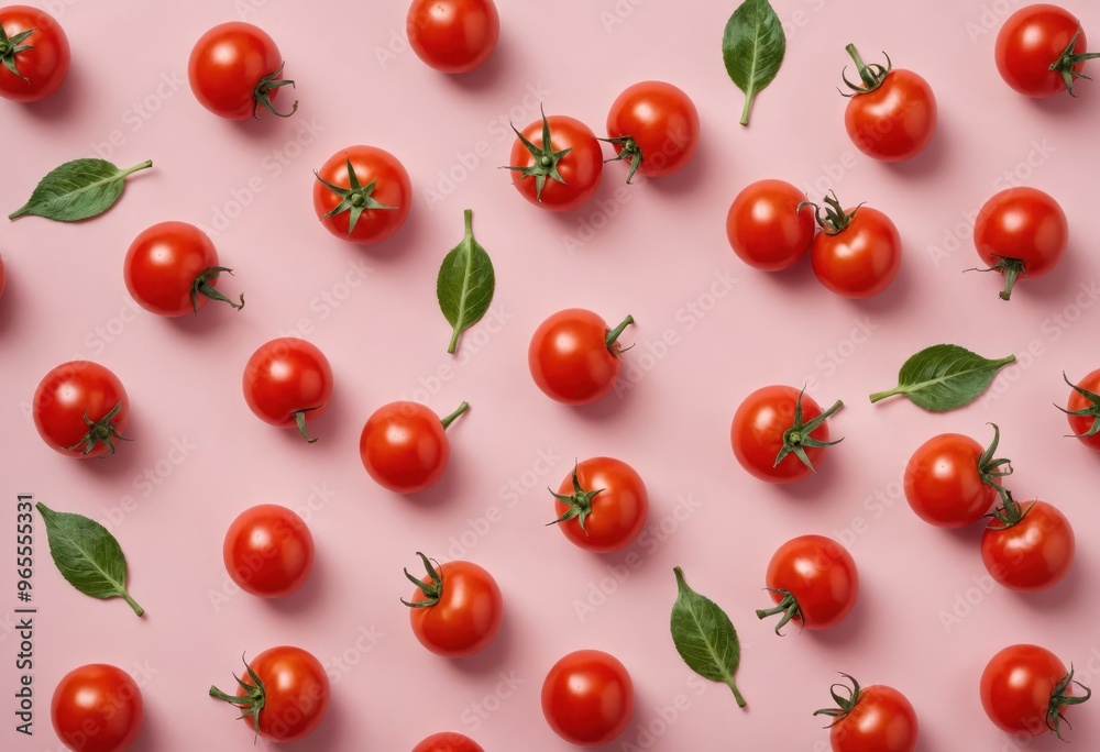 A vibrant array of 20 red cherry tomatoes with green leaves are scattered across a pink background, creating a visually appealing and harmonious composition A vibrant array of 20 red cherry tomatoes with green leaves are scattered across a pink background, creating a visually appealing and harmonious composition