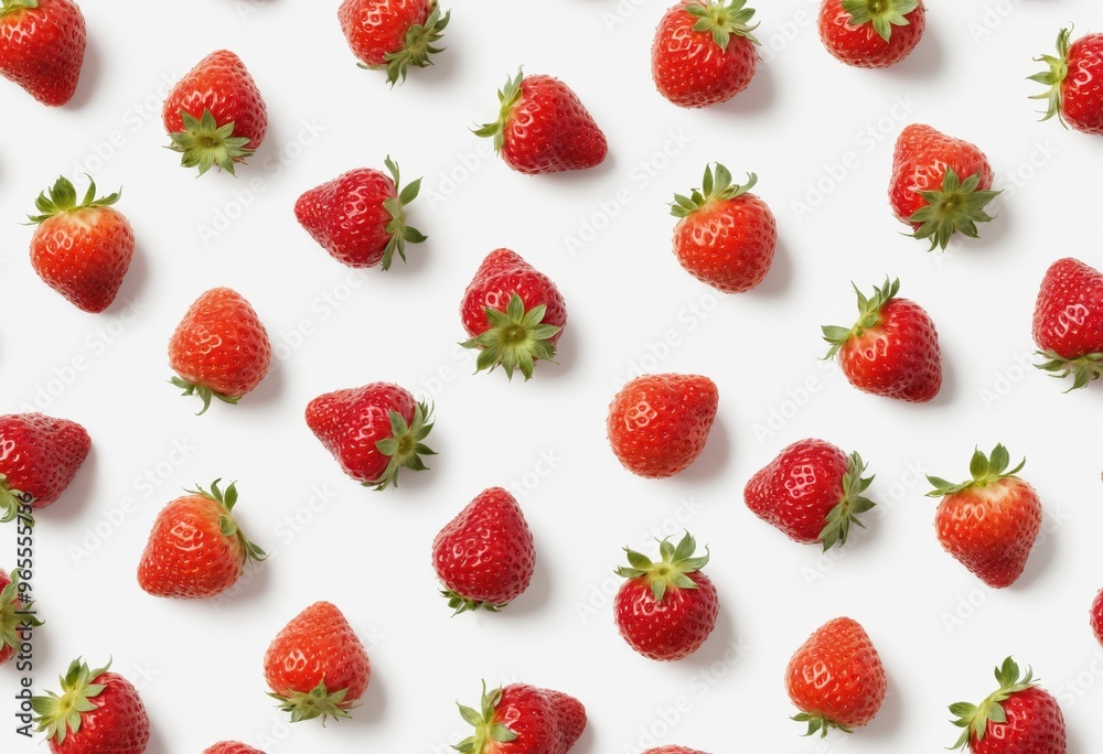 A vibrant array of 30 ripe, red strawberries with green stems and leaves are scattered across a white background, creating a sense of abundance and freshness A vibrant array of 30 ripe, red strawberries with green stems and leaves are scattered across a white background, creating a sense of abundance and freshness