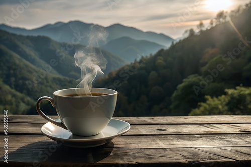 A steaming cup of tea placed on a rustic wooden table with a view of mountains in the background, photorealistic, hyper-resolution, peaceful and tranquil morning brew photo