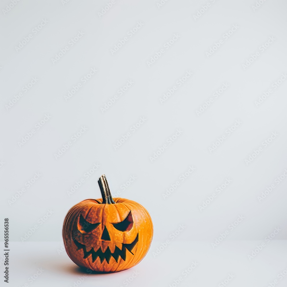 Single Halloween Pumpkin with Scary Face on White Background.Minimal Holiday Composition
