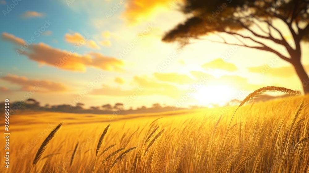 A field of wheat with a tree in the background, AI A field of wheat with a tree in the background, AI