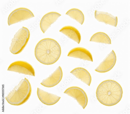 A captivating image features 24 lemon slices in various shapes and sizes, scattered randomly against a white background, creating a sense of depth and dynamism