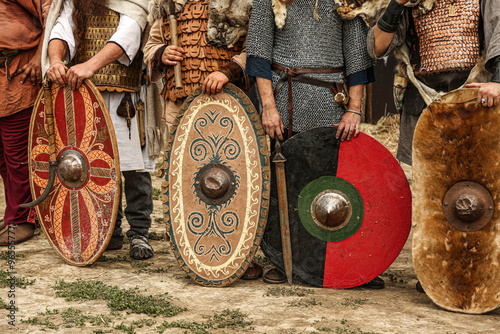 Photography Shields and weapons of barbarian legions ready for battle