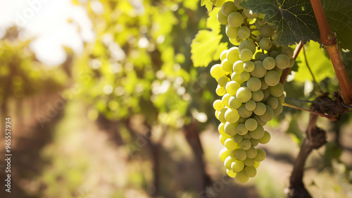 Close up view of white grapes hanging on the vine in vineyard