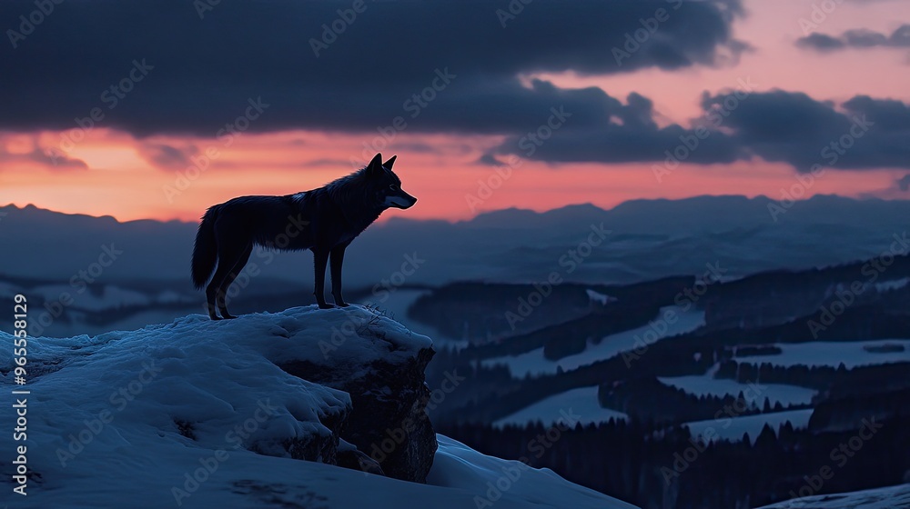A black wolf standing on a snowy mountain peak at dusk, with the twilight sky fading into darkness A black wolf standing on a snowy mountain peak at dusk, with the twilight sky fading into darkness