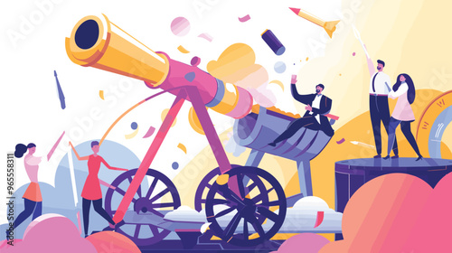 Confident Businesspeople Using Cannon to Overcome Obstacles and Achieve Success