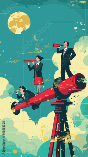 Confident Businesspeople Using Cannon to Overcome Obstacles and Achieve Success