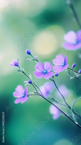 Purple wildflowers on blurred green background, close-up. Tranquil nature and serenity concept