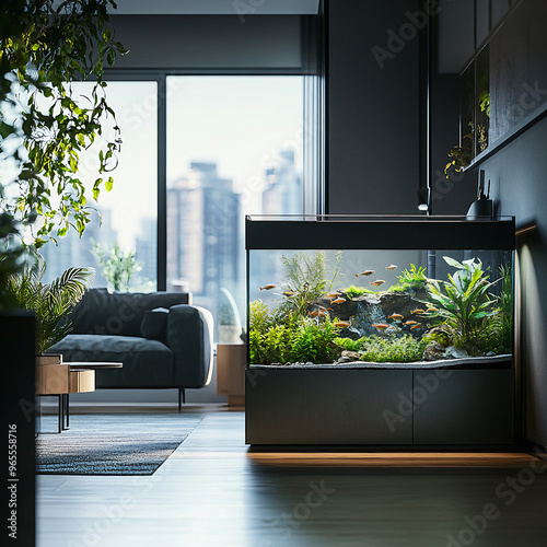 beautiful home aquarium, in a minimalist contemporary apartment. Background reveals sleek, modern furniture with subtle accents of monochromatic color scheme