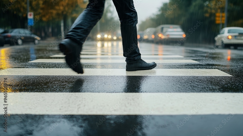 A person walking across a rain-soaked crosswalk, surrounded by blurred car lights and urban scenery. A person walking across a rain-soaked crosswalk, surrounded by blurred car lights and urban scenery.