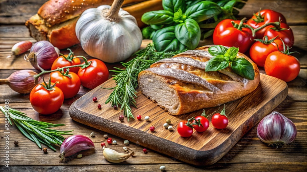 A beautiful arrangement of freshly baked bread and ingredients including ripe tomatoes fresh garlic and aromatic herbs on a wooden table perfect for a Mediterranean meal A beautiful arrangement of freshly baked bread and ingredients including ripe tomatoes fresh garlic and aromatic herbs on a wooden table perfect for a Mediterranean meal