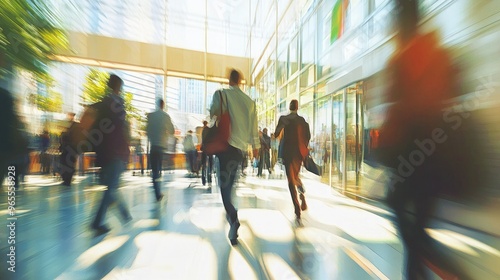 Amidst the chaos, motion blur captures the fleeting feet of people moving through a bright, modern office corridor. photo