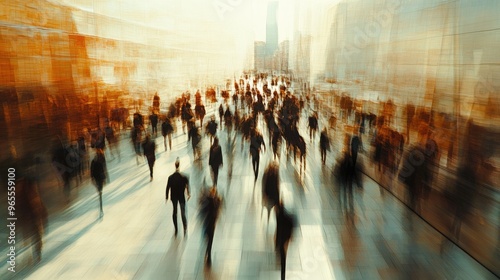 Amidst the chaos, motion blur captures the fleeting feet of people moving through a bright, modern office corridor. photo