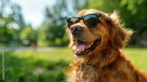 happy golden retriever dog wearing sunglasses and smiling in the park during the day