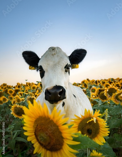 Cow in a field of sunflowers