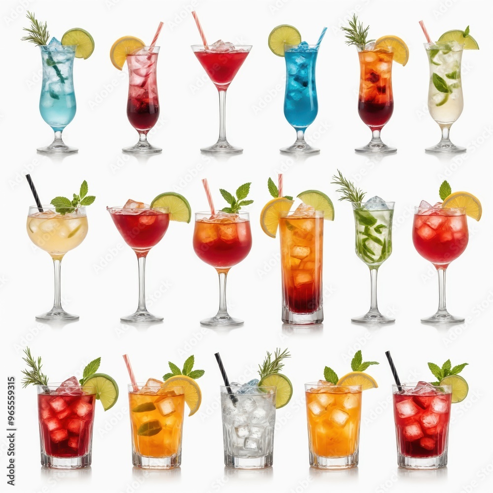 A 3x3 grid of 16 unique cocktails, each with a different color and garnish, is arranged against a white background, showcasing a variety of refreshing beverages