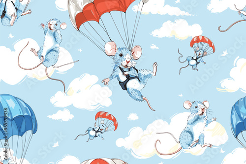 Courageous Rat Soaring through Sky, Seamless Pattern with Funny Mouse Engaged in Extreme Parachuting Sports, Hand-Drawn Texture Wallpaper Template