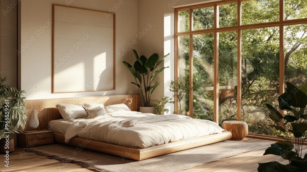 Modern Minimalist Bedroom with Natural Light and Greenery Modern Minimalist Bedroom with Natural Light and Greenery