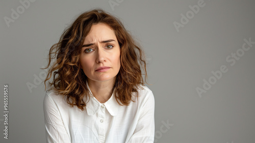 Portrait of a unhappy or upset woman with curly hair and white shirt