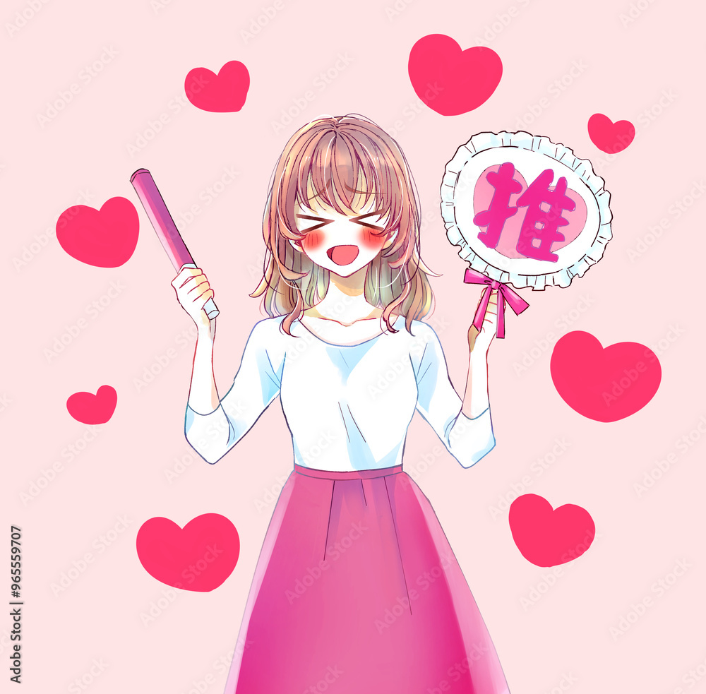 うちわとサイリウムを持って推し活をする女性 悶える 赤 うちわとサイリウムを持って推し活をする女性 悶える 赤