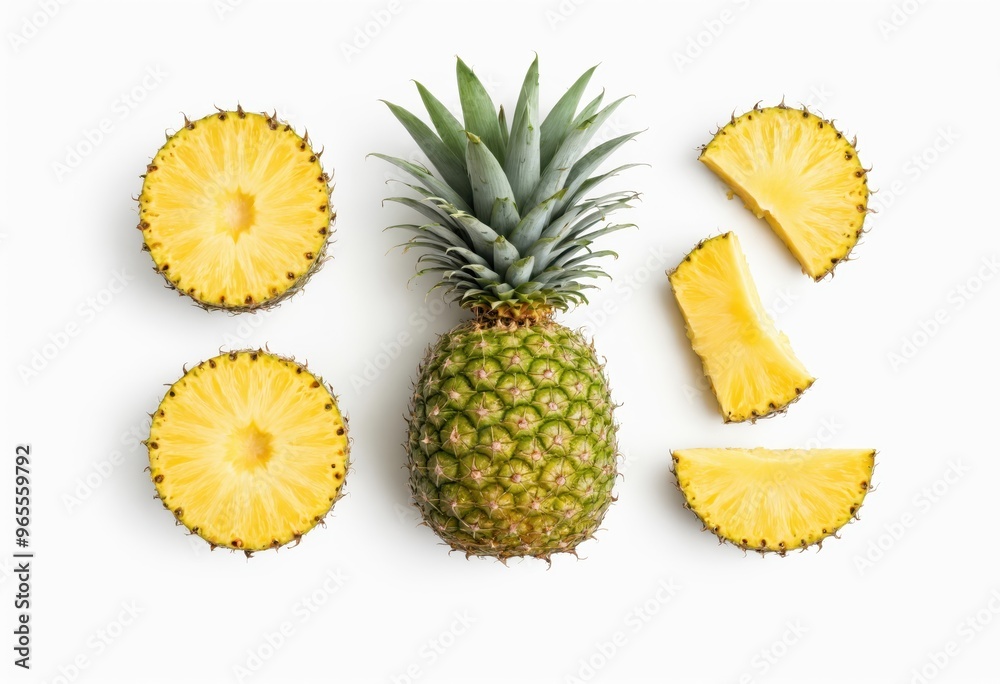 A vibrant pineapple with a green top and yellow interior is centrally placed on a white background, surrounded by six smaller pineapples, creating a visually appealing and balanced composition A vibrant pineapple with a green top and yellow interior is centrally placed on a white background, surrounded by six smaller pineapples, creating a visually appealing and balanced composition