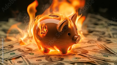 A piggy bank engulfed in flames, with dollar bills burning around it, representing escalating financial issues photo