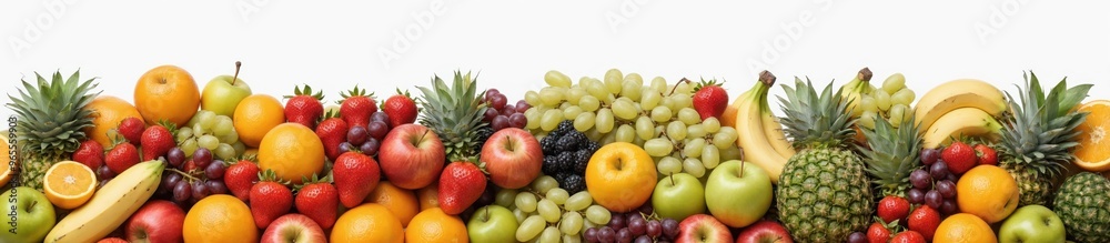 A diverse array of fruits, including apples, oranges, bananas, grapes, pineapples, and kiwis, are meticulously arranged in a diagonal line against a white background A diverse array of fruits, including apples, oranges, bananas, grapes, pineapples, and kiwis, are meticulously arranged in a diagonal line against a white background