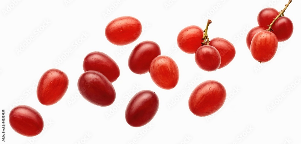 A collection of 12 vibrant red grapes, varying in size and orientation, are scattered diagonally across a white background, creating a sense of depth and movement