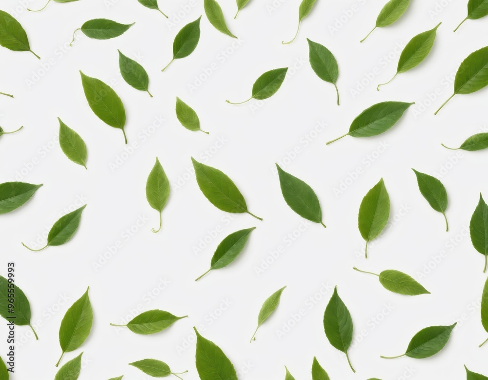 A close-up image of 200 green leaves scattered randomly on a white background, creating a sense of depth and movement A close-up image of 200 green leaves scattered randomly on a white background, creating a sense of depth and movement