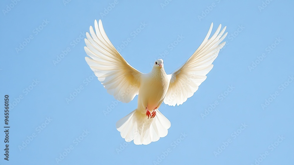Fototapeta premium A pure white dove in mid-flight against a clear blue sky, symbolizing peace and freedom