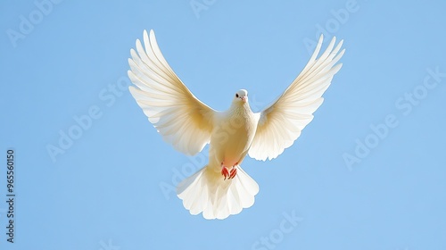 A pure white dove in mid-flight against a clear blue sky, symbolizing peace and freedom