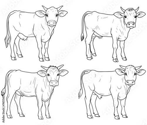 Hand drawn animal outline illustration black and white cow set