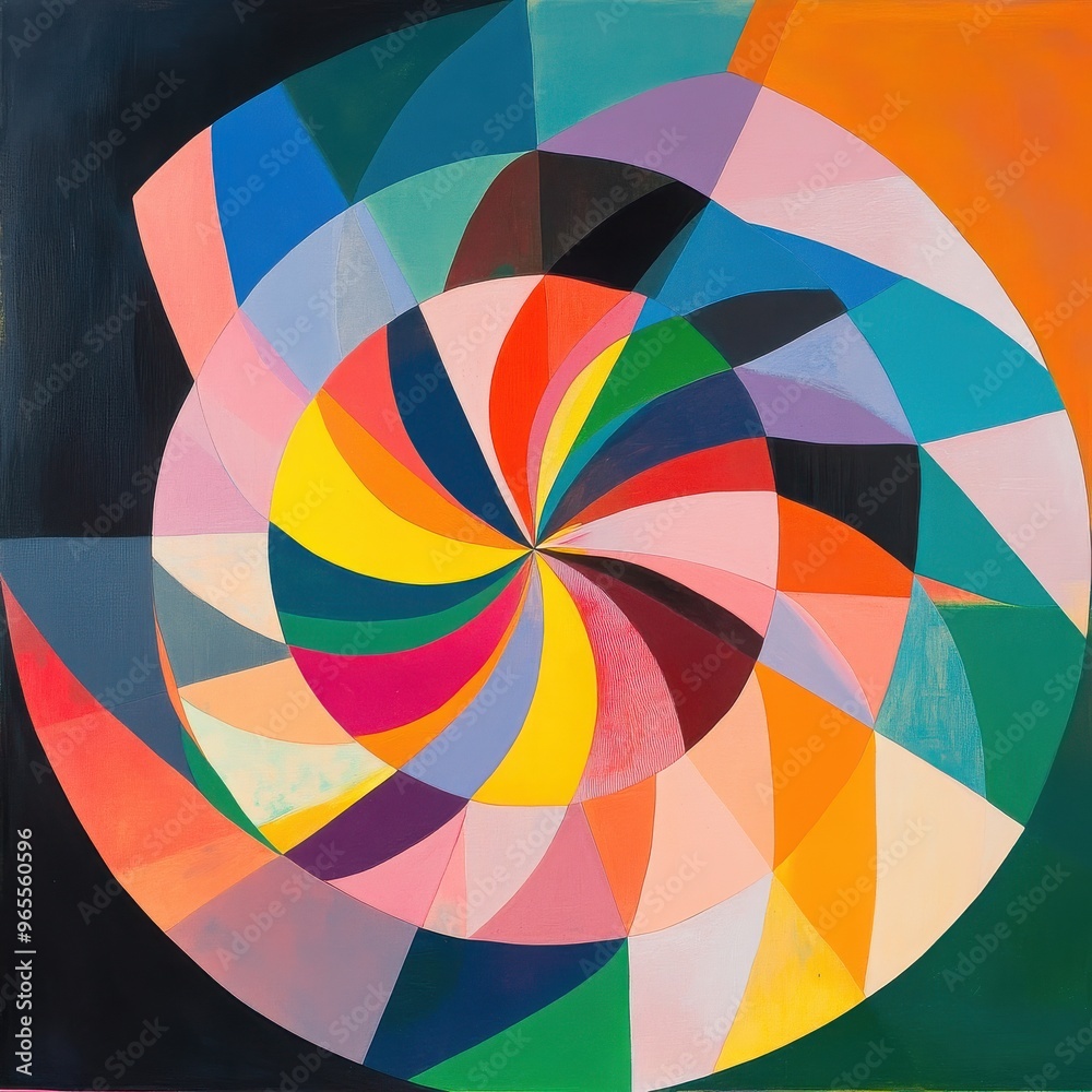 Obraz premium Chromatic Vortex: A vibrant abstract painting featuring a swirling spiral of geometric shapes in a captivating dance of color and form.