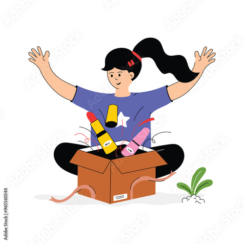 A customer unboxing a delivered package, parcel opening character illustration