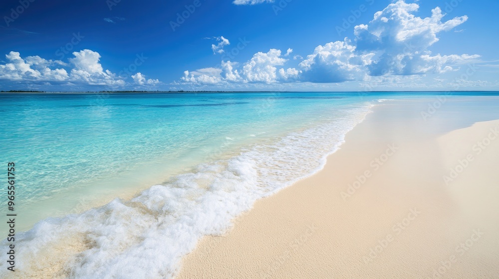 Fototapeta premium A white sand beach with clear turquoise waters lapping at the shore under a bright blue sky