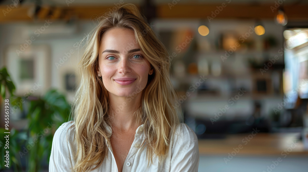 White female Professional HR manager worker smiling slightly wearing neat work clothes while looking forward in blurred modern office background White female Professional HR manager worker smiling slightly wearing neat work clothes while looking forward in blurred modern office background