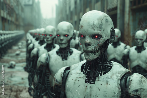 A frightening army of identical, skeletal robots with red eyes and ugly vein-like lines. Dark, foreboding horror-laden atmosphere. photo